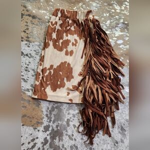 Express Asymmetrical Skirt with Fringe in Brown and Cream